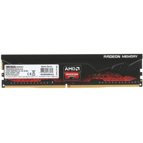Модуль памяти AMD 8GB Radeon™ DDR4 3200 DIMM R9 Gamers Series Black Gaming Memory Non-ECC, CL16, 1.35V, Heat Shield, RTL R9S48G3206U2S R9S48G3206U2S
