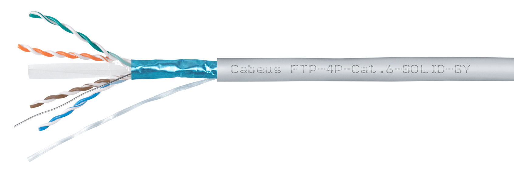 Кабель Cabeus витая пара экранированная FTP (F/UTP), категория 6, 4 пары (23 AWG), одножильный (305 м), PVC нг(А)-LS FTP-4P-Cat.6-SOLID-GY FTP-4P-Cat.6-SOLID-GY