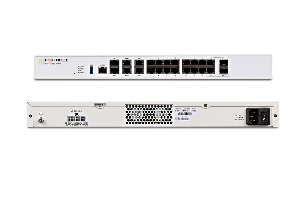 Межсетевой экран Fortinet FortiGate-100E 20 x GE RJ45 ports (including 2 x WAN ports, 1 x DMZ port, 1 x Mgmt port, 2 x HA ports, 14 x switch ports), 2 x Shared Media pairs (Including 2 x GE RJ45 ports, 2 x SFP slots). Max managed FortiAPs (Total / Tu FG-100E