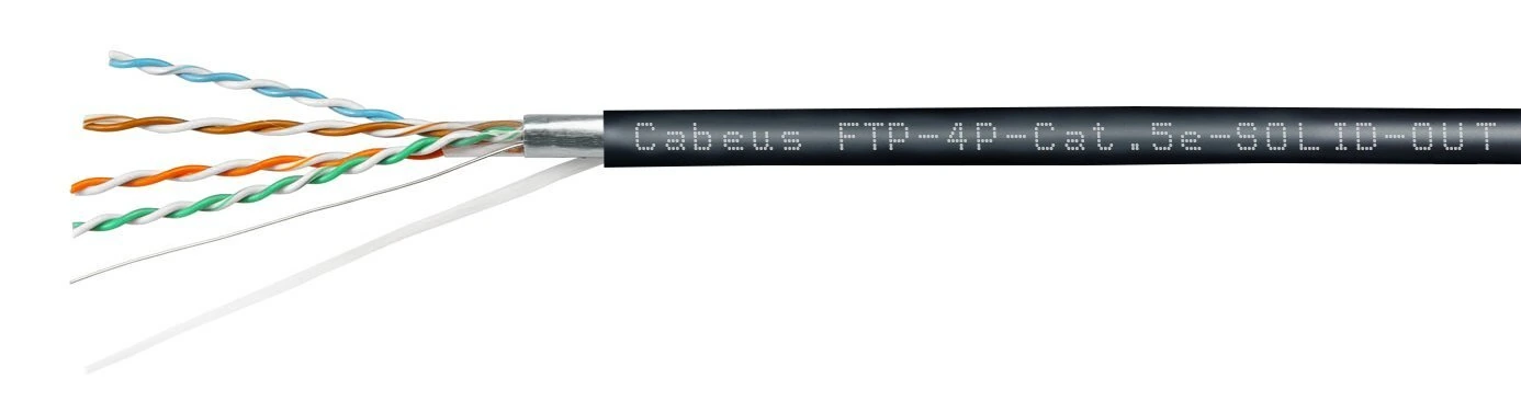 Кабель Cabeus  Кабель витая пара экранированная FTP (F/UTP), категория 5e, 4 пары (24 AWG), одножильный, экран - фольга, для внешней прокладки, PE-UV (100 м) FTP-4P-Cat.5e-SOLID-OUT-PE-UV-100 FTP-4P-Cat.5e-SOLID-OUT-PE-UV-100