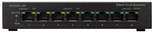 Коммутатор 8-портовый Cisco SB SG100D-08P-EU, гигабитный, с РОЕ, 8-Port PoE Gigabit Desktop Switch SG100D-08P-EU