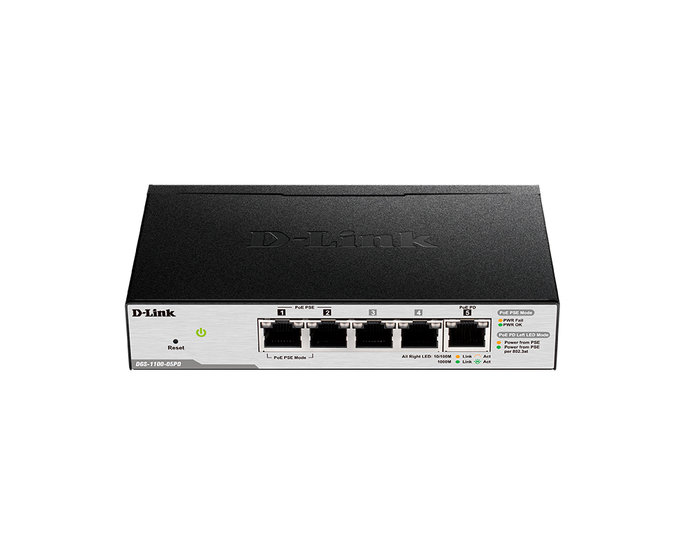 Коммутатор D-Link L2 Smart Switch with 4 10/100/1000Base-T ports and 1 10/100/1000Base-T PD port(2 PoE ports 802.3af (15,4 W), PoE Budget 18W from 802.3at / 8W from 802.3af) DGS-1100-05PD/U DGS-1100-05PD/U