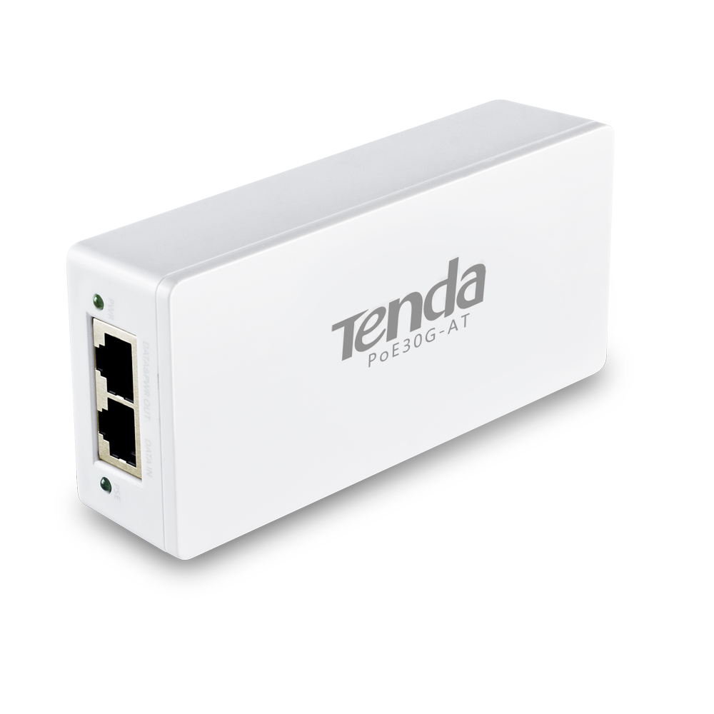 Инжектор Tenda PoE, совместимость с IEEE802.3at; 2 порта GE RJ45; 1000M PoE расширение. (48В/30Вт) PoE30G-AT PoE30G-AT