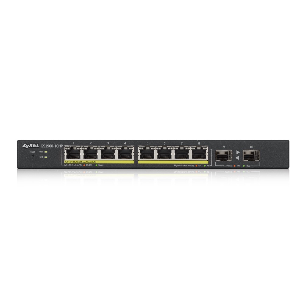 Коммутатор ZYXEL Smart PoE+ GS1900-10HP, 8xGE PoE+, 2xSFP, настольный, бесшумный, бюджет PoE 77 Вт GS1900-10HP-EU0101F GS1900-10HP-EU0101F
