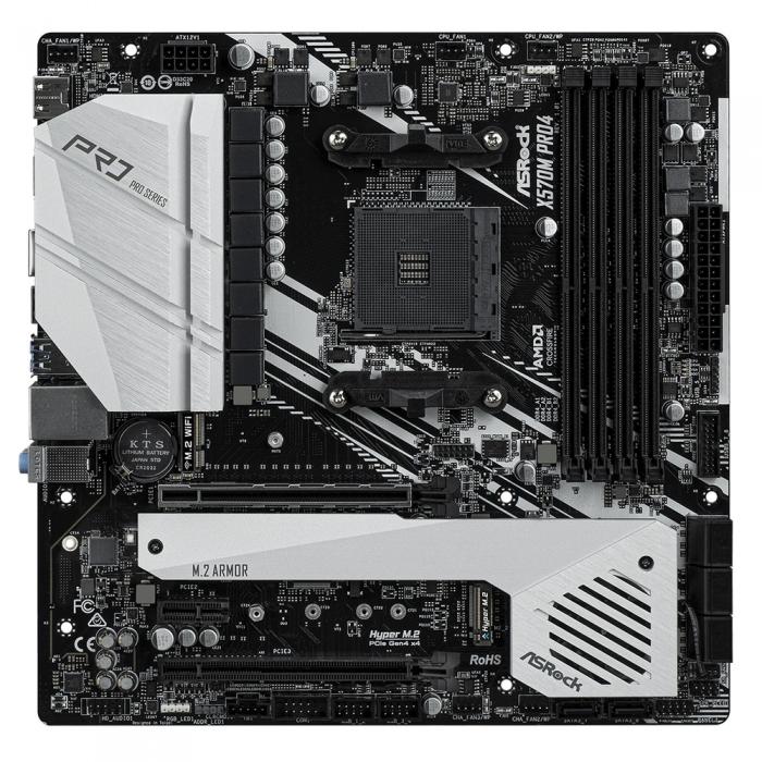 Материнская плата ASRock , Socket AM4, AMD X570, 4xDDR4-3200, HDMI+DP, 2xPCI-Ex16, 1xPCI-Ex1, 8xSATA3(RAID 0/1/10), 3xM.2, 8 Ch Audio, GLan, (0+4)xUSB2.0, (7+2)xUSB3.2, (1+0)xUSB3.2 Type-C™, 1xPS/2, mATX, RTL X570M PRO4 X570M PRO4