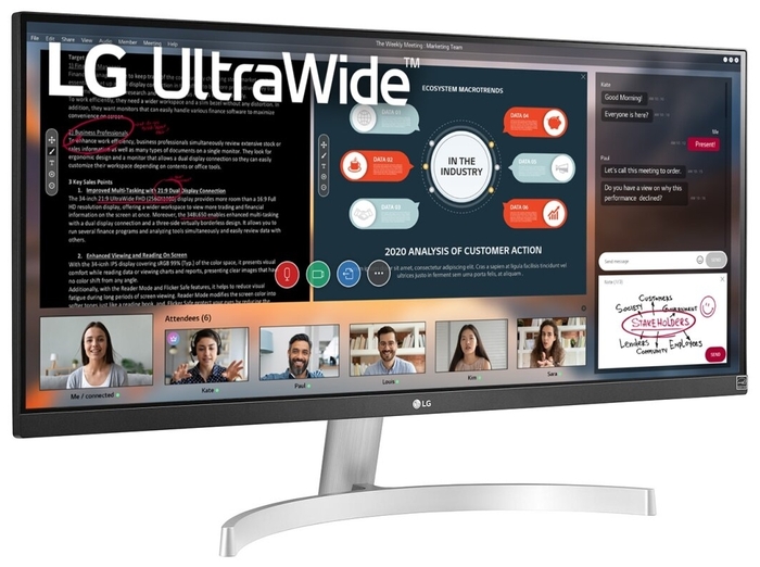 Монитор LG 29" IPS LED, 2560x1080, 5ms, 250cd/m2, 1000:1 (Mega DCR), 178°/178°, 2*HDMI, DP, HDR10, колонки, AMD Freesync, 75Hz, Tilt, VESA, Silver-White   29WN600-W 29WN600-W