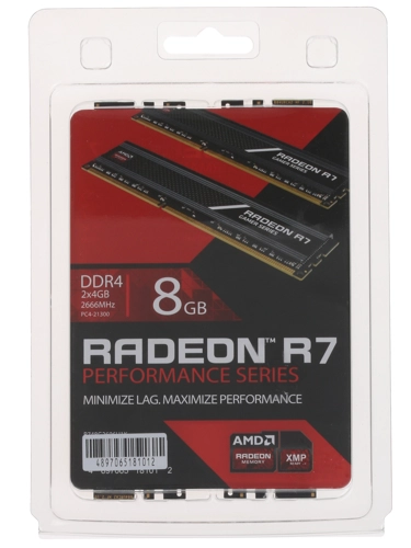 Модуль памяти AMD 8GB Radeon™ DDR4 2666 DIMM Non-ECC, CL16, 1.2V, Shielded, Kit (2x4GB), Retail R748G2606U1K R748G2606U1K