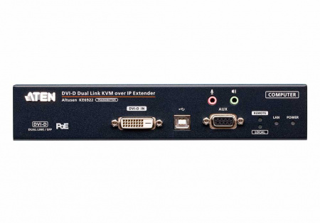 Удлинитель-передатчик ATEN KVM USB DVI-D+AUDIO+RS232, 100м, UTP/10км, SM точка-точка/неогранич, в пределах LAN, 1xUTP/2xОптич,волокна SFP(LC);GbE (TCP/IP;IGMP), 2x(2xDVI-D+USB A-тип+2xMINIJACK+DB9)+USB B-тип,,, DC 5V, (;резерв LAN) KE6920T-AX-G KE6920T-AX-G