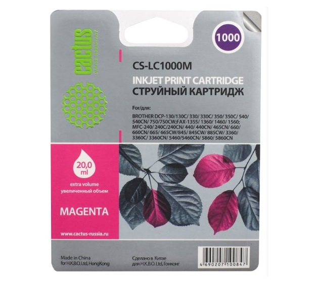 Картридж Cactus струйный CS-LC1000M пурпурный для Brother DCP 130C/330С/MFC-240C/5460CN (20мл) CS-LC1000M CS-LC1000M