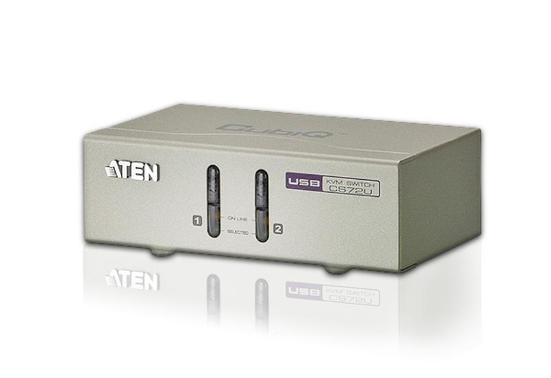 KVM переключатель ATEN VGA/SVGA+KBD+MOUSE, 1> 2 блока/порта USB, с KVM-шнурами USB 2х1.2м., (KVM=монитор+клав.+мышь;DDC2B) CS72U-A7 CS72U-A7