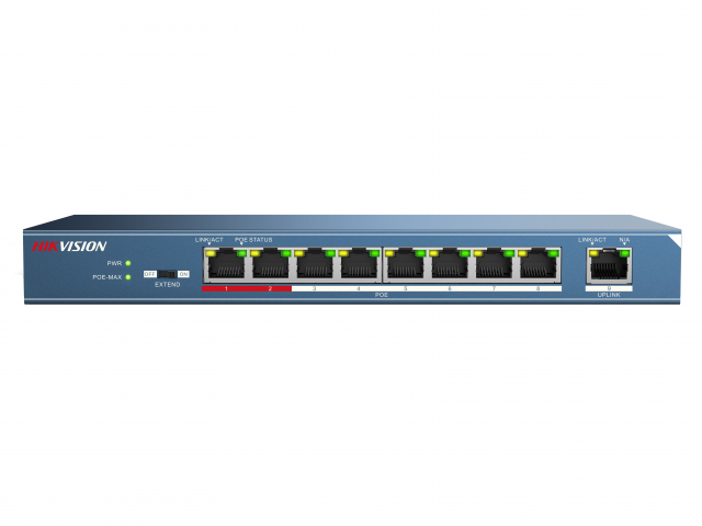 PoE коммутатор Hikvision DS-3E0109P-E 8 RJ45 100M с грозозащитой 4кВ, 1-2 порты с высоким приоритетом; 1 Uplink порт 100М Ethernet DS-3E0109P-E DS-3E0109P-E