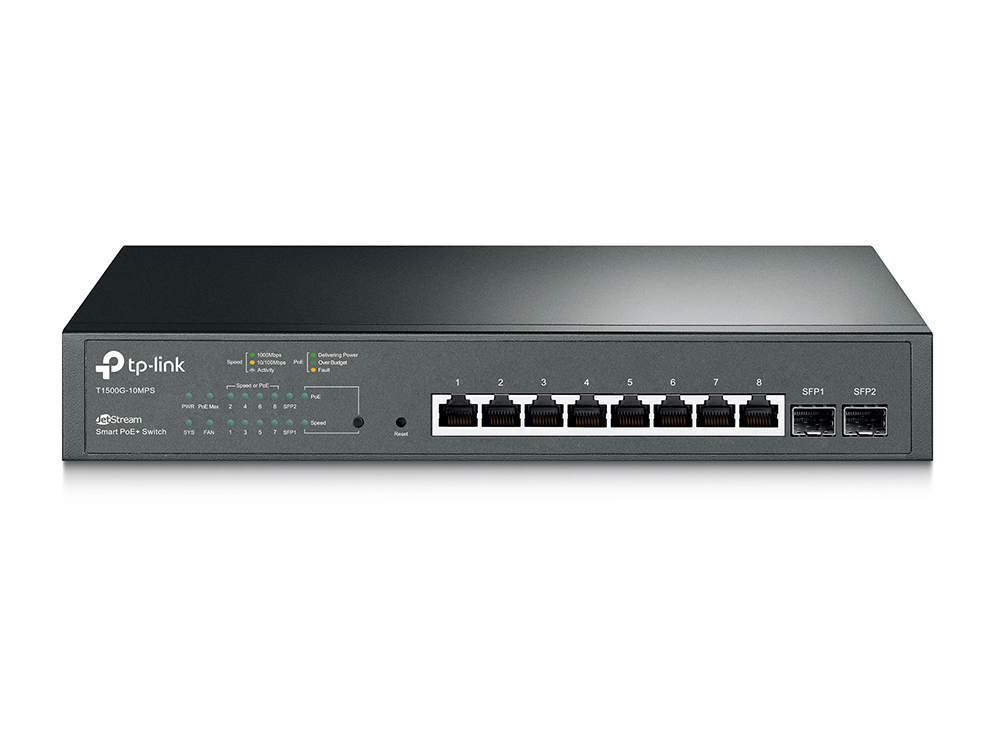 Коммутатор TP-Link настольный PoE Smart, 8*10/100/1000, 2 SFP, поддержка 802.3at/af, бюджет PoE до 116 Вт, сталь T1500G-10MPS T1500G-10MPS