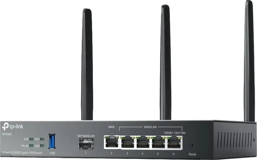 Маршрутизатор TP-Link Omada гигабитный 6-портовый (1xSFP WAN,1xRJ45 WAN,2xRJ45 LAN/WAN,2xRJ45 LAN) модулем Wi-Fi 6 и USB-портом для подключения 4G-модема ER706W ER706W