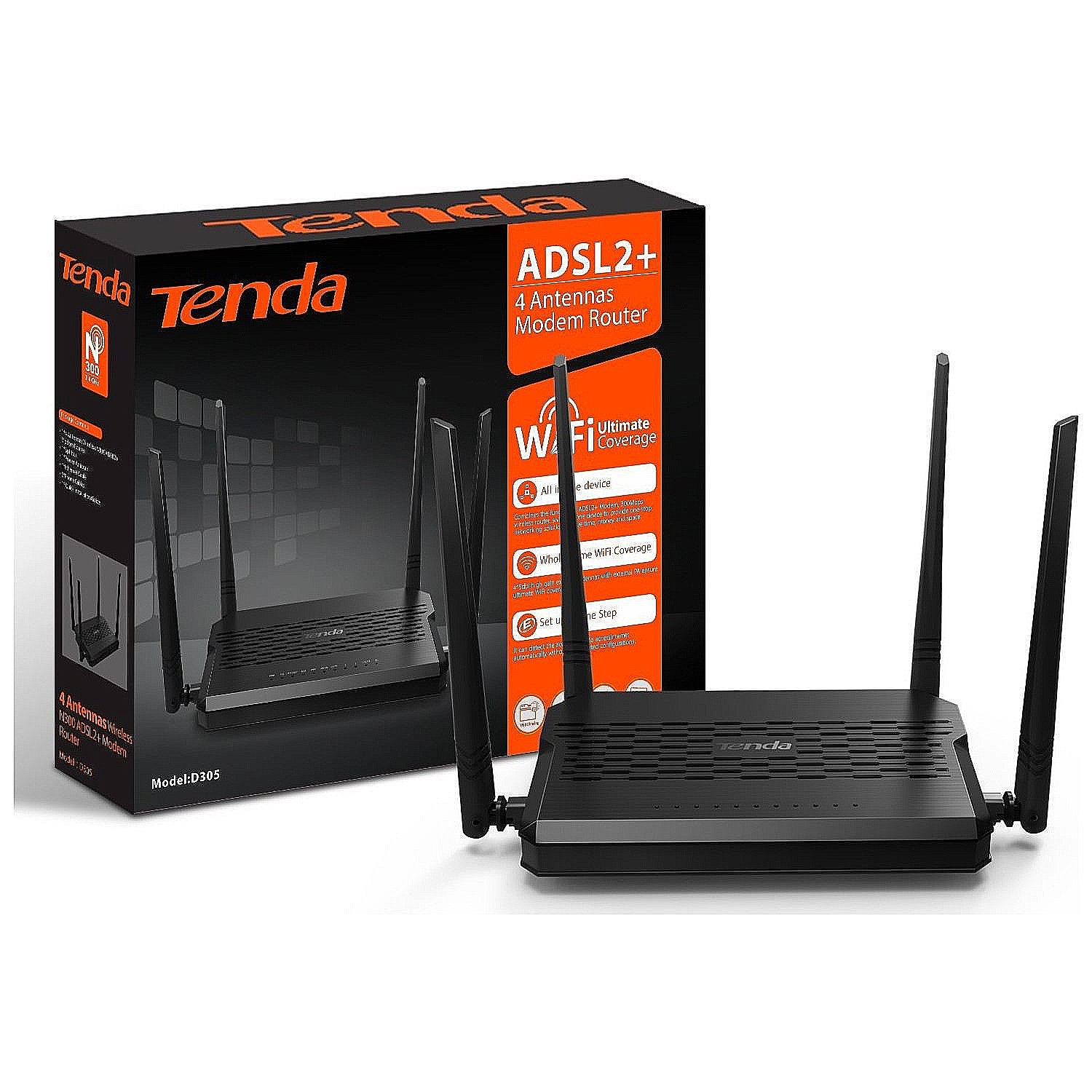 Модем Tenda ADSL2 +; 300 Мбит/c; 4 ант. 5dBi; RJ11 DSL, 4xFE LAN, USB2.0; IPTV, QoS, TR069, SNMP, DDNS D305 D305