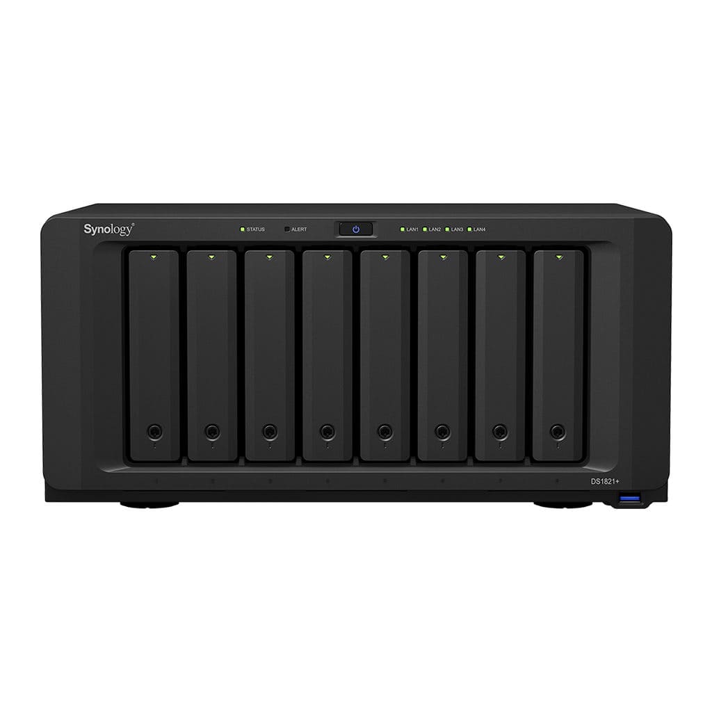 СХД Synology DS1821+ QC2,2GhzCPU/4GbDDR4(upto32)/RAID0,1,10,5,6/upto 8hot plug HDD SATA(3,5' or 2,5')(upto18 with 2xDX517)+ 2 M2 slots/4xUSB3.2/2eSATA/4GigE(+1Expslot)/iSCSI/2xIPcam(upto40)/1xPS/3YW DS1821+ DS1821+