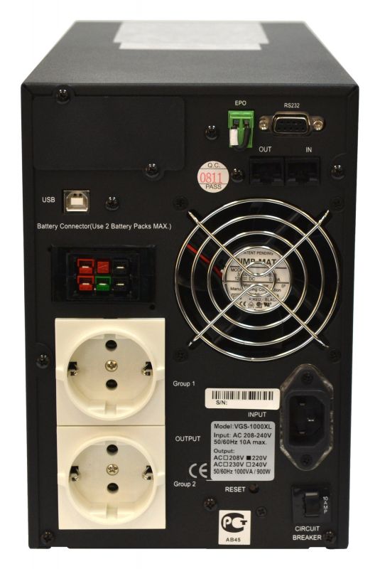 Источник бесперебойного питания Powercom Vanguard, On-Line, 1000VA/900W, Tower, 2*EURO, LCD, Serial+USB, SmartSlot, подкл. доп. батарей VGS-1000XL VGS-1000XL