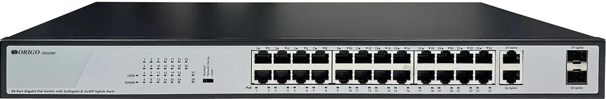 Коммутатор ORIGO  неуправляемый L2 28x1Гбит/с 2xКомбо(1000BASE-T/SFP) 2SFP 24PoE+ 370W OS2228P/370W/B1A OS2228P/370W/B1A