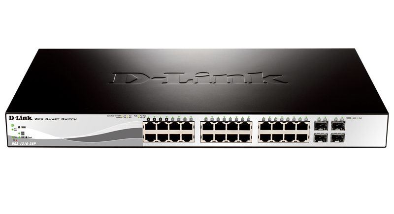 Коммутатор D-Link L2 Smart Switch with 24 10/100/1000Base-T ports and 4 1000Base-T/SFP combo-ports (24 PoE ports 802.3af/802.3at (30 W), PoE Budget 193 W) DGS-1210-28P/F1A DGS-1210-28P/F1A