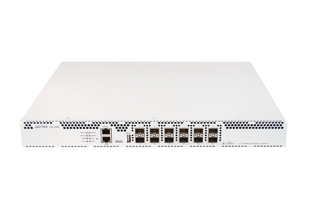 Маршрутизатор Eltex  ESR-3200, 12хEthernet 1000BASE-X/10GBASE-R/25GBASE-R, 16GB RAM, 1 слот для SD-карт, 2 слота для модулей питания ESR-3200 ESR-3200