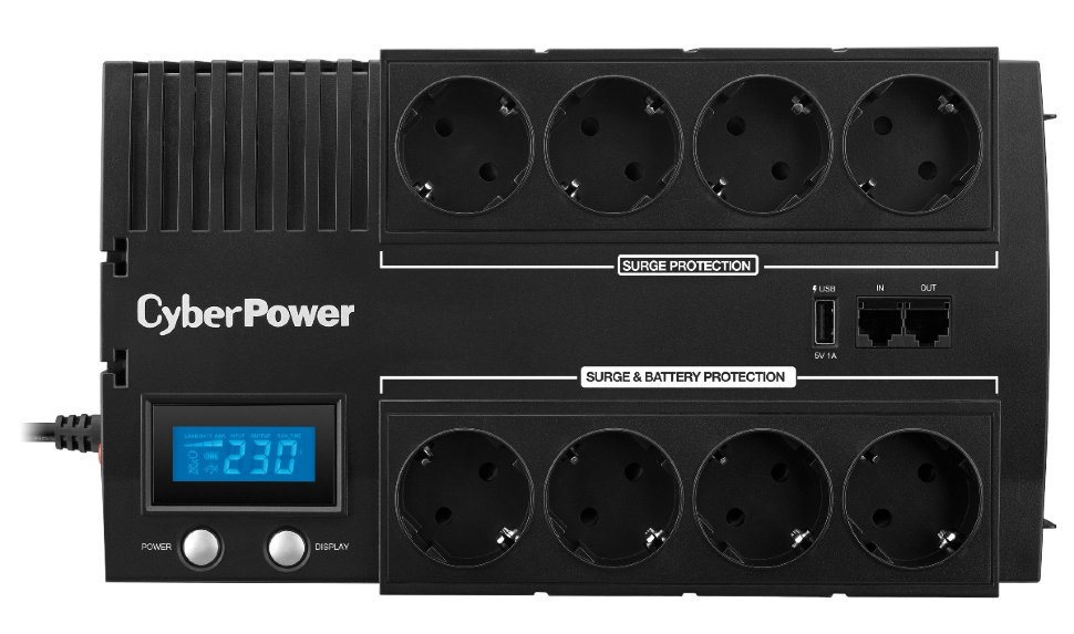 Источник бесперебойного питания CyberPower Line-Interactive, 1000VA/600W, 8 Schuko розеток, USB&USB Charger, RJ11/RJ45, LCD дисплей, Black BR1000ELCD BR1000ELCD