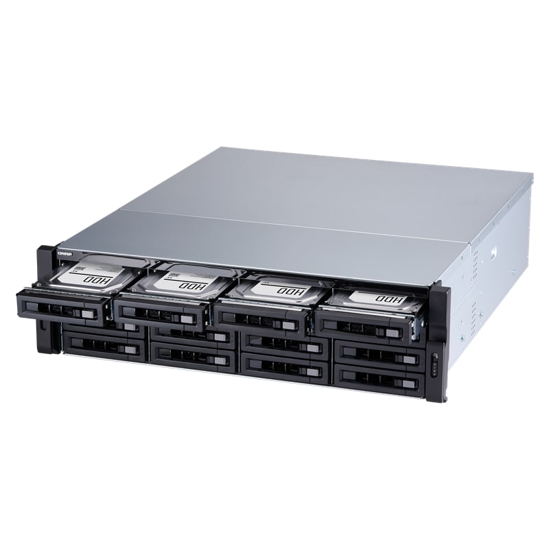 Сетевой RAID-накопитель QNAP 16-Bay (16x 2.5"/3.5" SATA HDD/SSD), Intel Xeon E-2124 4-core 3.3 GHz (up to 4.3 GHz), 16 GB DDR4 ECC RAM (2 x 8GB) up to 64 GB ( 4 x 16 GB),  4x GbE LAN, 2 x 10GbE SFP+, rackmount 3U, 2xPSU. W/o rail kit RAIL-A03-57 TS-1 TS-1683XU-RP-E2124-16G