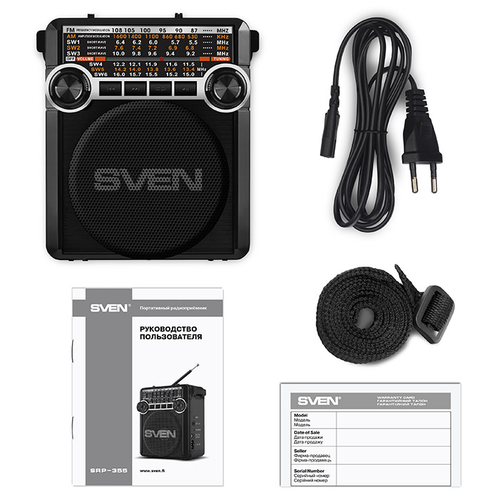 Портативная колонка Sven АС SRP-355, черный (3 Вт, FM/AM/SW, USB, SD/microSD, фонарь, встроенный аккумулятор) SV-017125 SV-017125