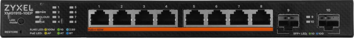 Коммутатор Zyxel  Мультигигабитный Smart L3 Lite  NebulaFlex XMG1915-10EP, 8xRJ-45: 1/2.5G PoE++, 2xSFP+, бесшумный (без вентилятора), бюджет PoE 130 Вт XMG1915-10EP-EU0101F XMG1915-10EP-EU0101F