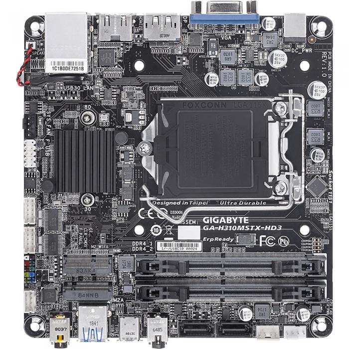 Материнская плата Gigabyte , Socket 1151, Intel®H310, 2xDDR4-2400 SO-DIMM, D-SUB+HDMI+DP, 2xSATA3, 1xM.2, 2 Ch Audio, GLan, (0+2)xUSB2.0, (2+2)xUSB3.0, (0+1)xUSB3.1 Type-C™, Mini-STX, RTL GA-H310MSTX-HD3 GA-H310MSTX-HD3