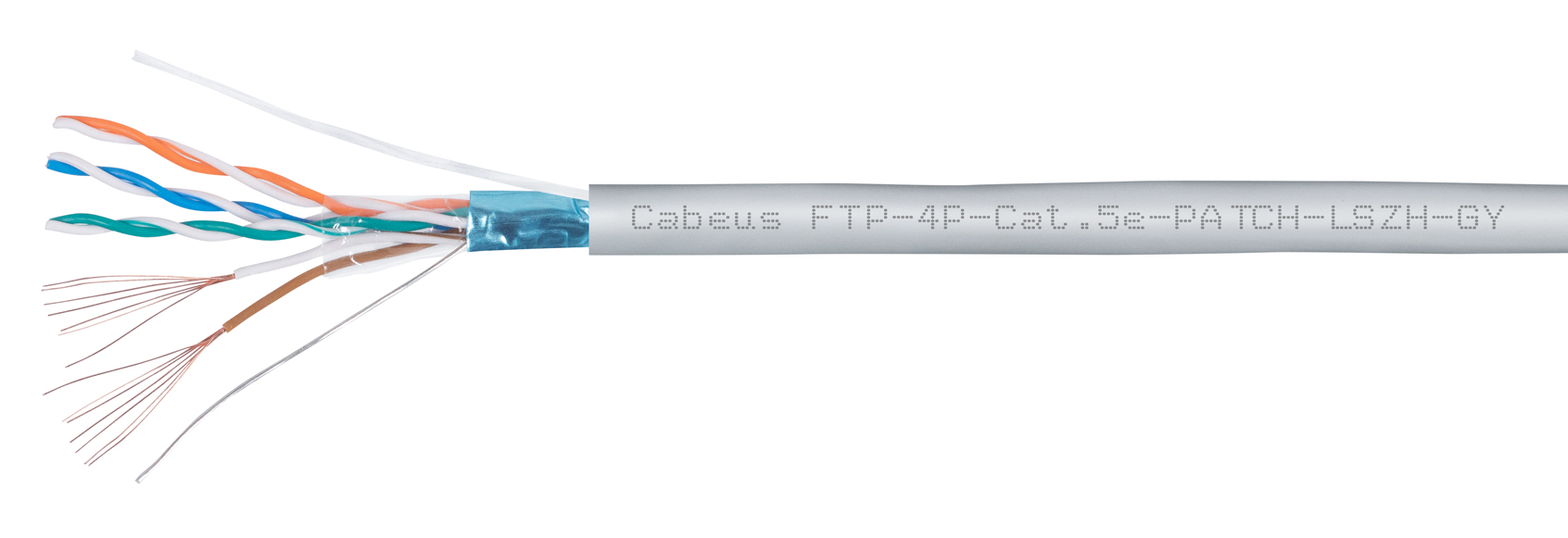 Кабель Cabeus витая пара FTP (F/UTP), категория 5e, 4 пары, 7x0.16 мм (26 AWG), многожильный (patсh), серый, LSZH, нг(А)-HF, (305 м) FTP-4P-Cat.5e-PATCH-LSZH-GY FTP-4P-Cat.5e-PATCH-LSZH-GY