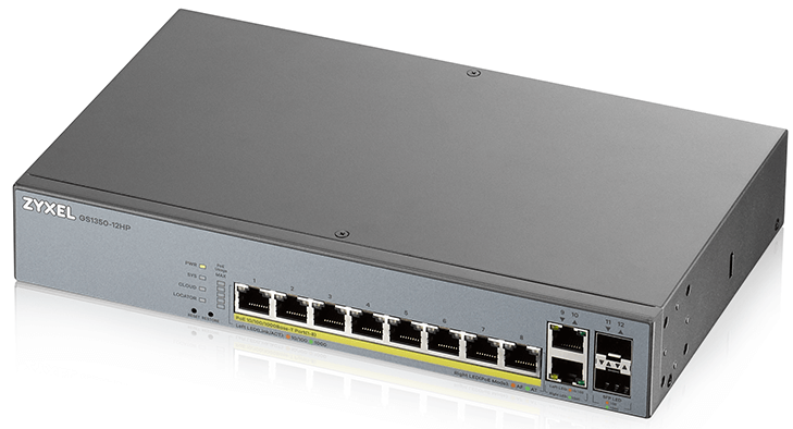 Коммутатор Zyxel GS1350-12HP L2 PoE + switch for IP cameras, 10xGE (8xPoE +), 2xSFP, PoE budget 130 W, power transmission distance up to 250 m, auto-reloading of GS1350-12HP-EU0101F GS1350-12HP-EU0101F