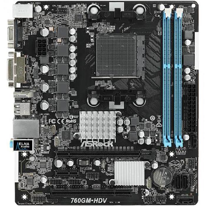 Материнская плата ASRock , Socket AM3+, AMD 760G+SB710, 2xDDR3-1333, D-SUB+DVI+HDMI, 1xPCI-Ex16x, 1xPCI-Ex1x, 1xPCI, 4xSATA2, 8 Ch Audio, GLan, (4+4)xUSB2.0, 2xPS/2, mATX, RTL 760GM-HDV 760GM-HDV