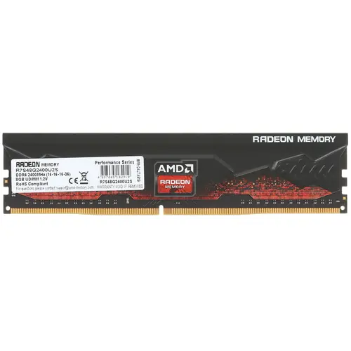 Модуль памяти AMD 8GB Radeon™ DDR4 2400 DIMM R7 Performance Series Black Gaming Memory Non-ECC, CL16, 1.2V, Heat Shield, RTL R7S48G2400U2S R7S48G2400U2S