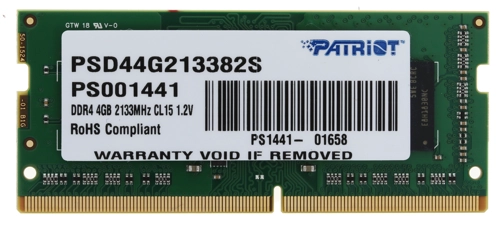 Модуль памяти Patriot Signature SODIMM DDR4 4GB PC4-17000 (2133MHz, DR, CL15) PSD44G213382S PSD44G213382S