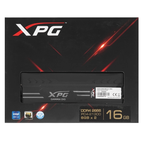 Модуль памяти ADATA 16GB DDR4 2666 DIMM XPG D10 Black Gaming Memory Non-ECC, CL16, 1.2V, Kit (2x8GB), RTL (462183) AX4U266638G16-DBG AX4U266638G16-DBG