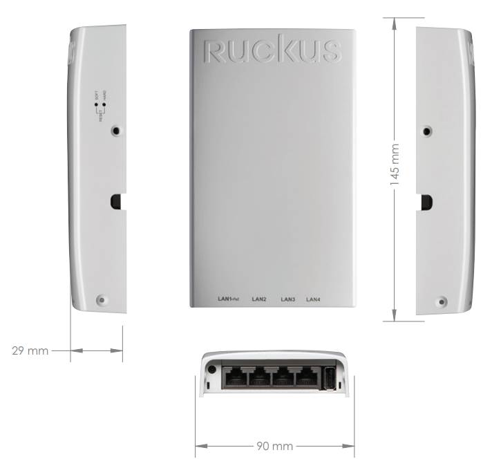 Коммутатор Ruckus  802.11ac Wave 2 dual-band concurrent 2.4 GHz & 5 GHz, Wired/Wireless Wall Switch, BeamFlex+, 1 10/100/1000 & 4 10/100 Ethernet Access Ports, POE in, PoE out (one port), USB port. Does not include DC power supply.  901-H510-WW00 901-H510-WW00