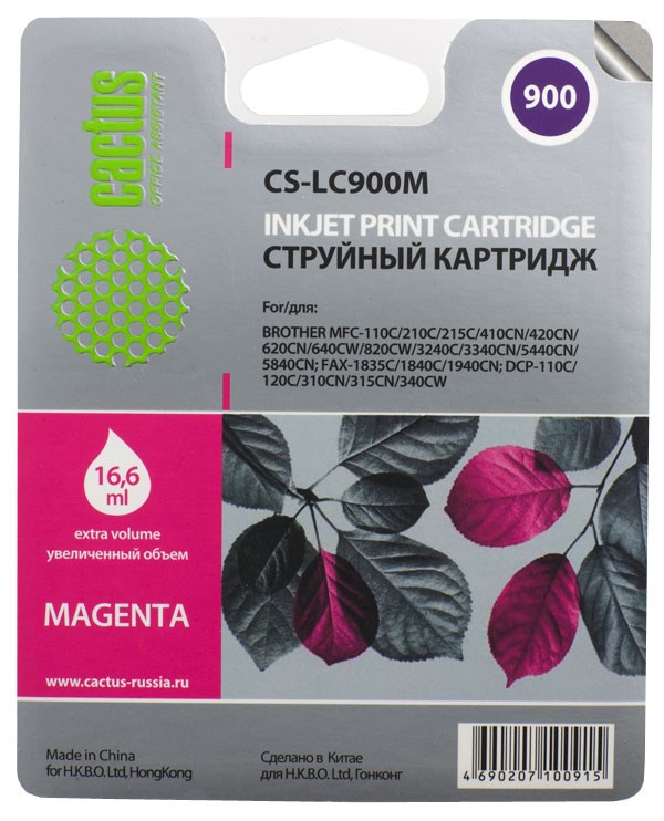 Картридж Cactus струйный CS-LC900M пурпурный для Brother DCP-110/115/120/MFC-210/215/FAX-1840 (16.6м CS-LC900M CS-LC900M