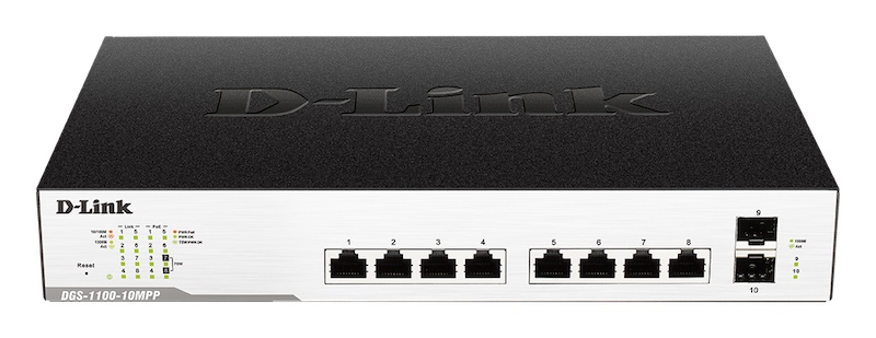 Коммутатор D-Link L2 Smart Switch with 8 10/100/1000Base-T and 2 1000Base-X SFP ports (6 PoE ports 802.3af/802.3at(30 W), 2 PoE ports 802.3af/802.3at/UPoE 802.3bt draft (75 W) PoE Budget 242 W) DGS-1100-10MPP/B1A DGS-1100-10MPP/B1A