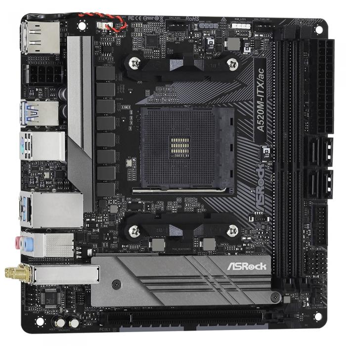 Материнская плата ASRock , Socket AM4, AMD A520, 2xDDR4-3200, HDMI+DP, 1xPCI-Ex16, 4xSATA3(RAID 0/1/10), 1xM.2, 8 Ch Audio, 1xGLan, WiFi, (2+2)xUSB2.0, (3+2)xUSB3.2, (1+0)xUSB3.2 Type-C™, 1xPS/2, Mini-ITX, RTL, A520M-ITX/AC A520M-ITX/AC