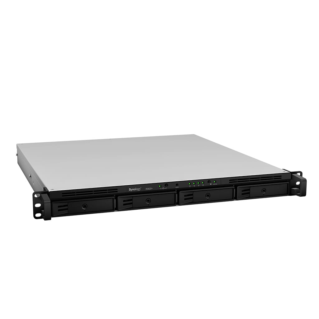 СХД Synology RS820+ Rack 1U QC2,1Ghz CPU/2Gb(upto18)/RAID0,1,10,5,5+spare,6/upto 4hot plug HDDs SATA(3,5' or 2,5')(upto 8 with RX418)/2xUSB3.0/1eSATA/4GigEth/iSCSI/2xIPcam/3YW RS820+ RS820+