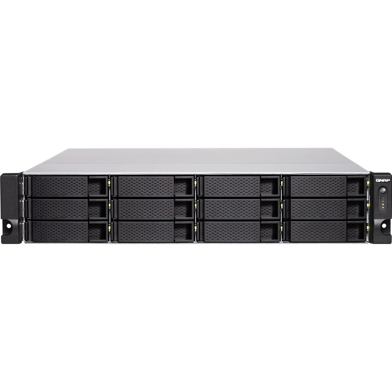 Сетевой RAID-накопитель QNAP 12-Bay (12x 2.5"/3.5" SATA HDD/SSD), Intel Xeon E-2124 4-core 3.3 GHz (up to 4.3 GHz), 8GB DDR4 ECC RAM (2 x 4GB) up to 64 GB ( 4 x 16 GB),  4x GbE LAN, 2 x 10GbE SFP+, rackmount 2U, 2xPSU. W/o rail kit RAIL-B02 TS-1283XU TS-1283XU-RP-E2124-8G