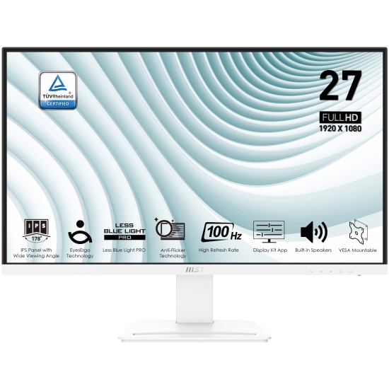 Монитор MSI PRO MP273AW 27'' 16:9 1920х1080(FHD) IPS, nonGLARE, 100 Hz, 250 cd/m2, H178°/V178°, 1000:1, 16.7M, 1ms, VGA, HDMI, DP, Tilt, Speakers, 1Y, White 9S6-3PB4CH-097 9S6-3PB4CH-097