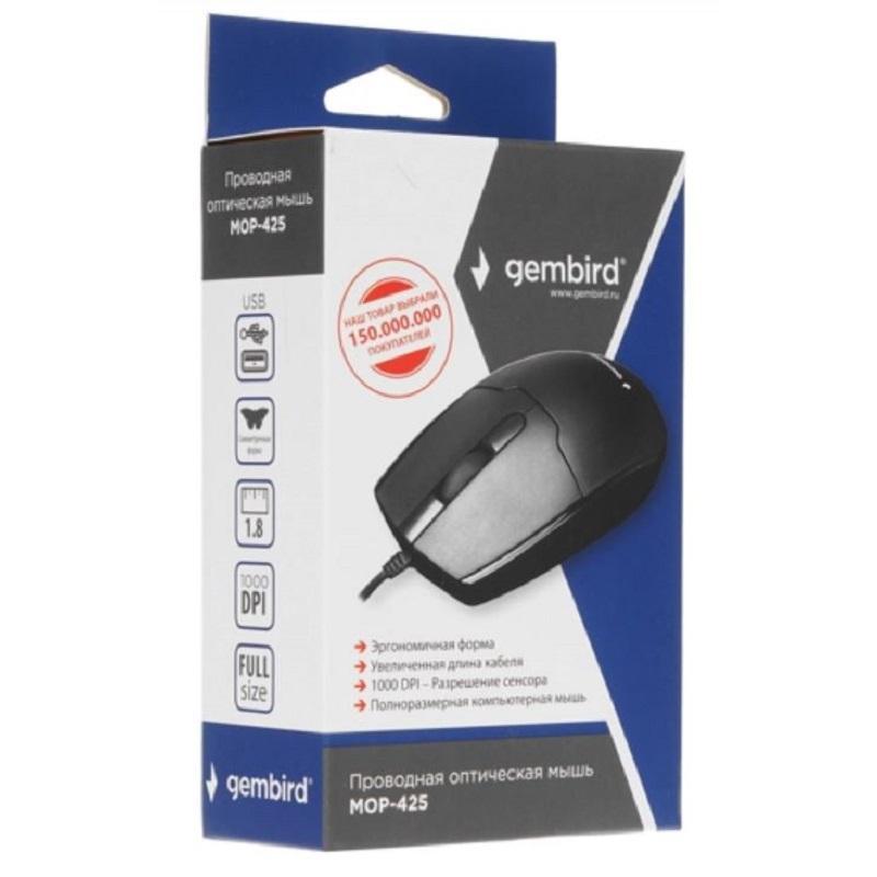 Мышь Gembird USB, черный, 2кн.+колесо-кнопка, 1000 DPI, кабель 1.8м  MOP-425 MOP-425