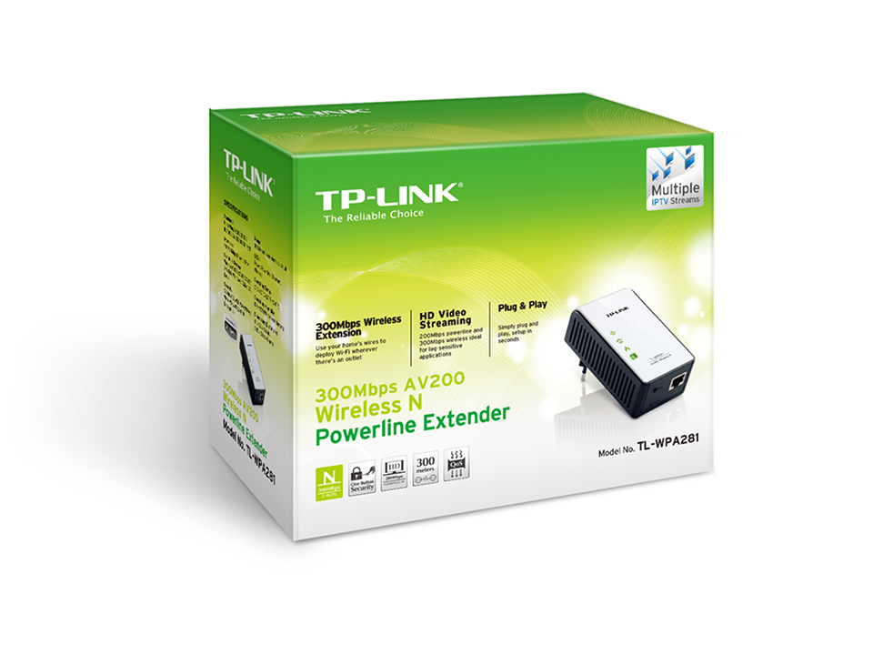 Адаптер TP-Link 300n, 200 Мбит/с Powerline, поддержка нескольких потоков IPTV TL-WPA281 TL-WPA281