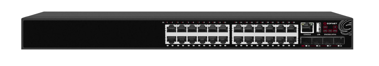 Коммутатор Sofinet  L3, 24x10/100/1000Mb, RJ45, 4x1/10Gb, SFP+, PoE 760 Вт, 2 БП  SFN3300-24P4X-2AC SFN3300-24P4X-2AC