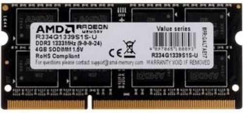Модуль памяти AMD 4GB Radeon™ DDR3 1333 SO DIMM R3 Value Series Black Non-ECC, CL9, 1.5V, Retail (182774) R334G1339S1S-U R334G1339S1S-U
