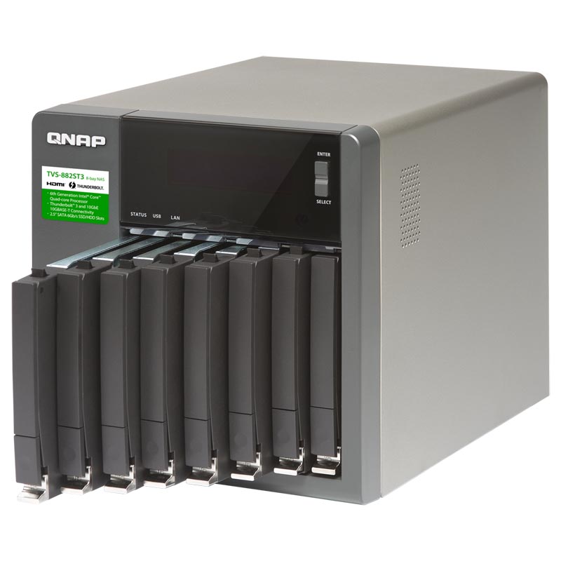 Сетевой RAID-накопитель QNAP 8x2,5", HDMI-порт, 2x10 GbE, 2xThunderbolt 3, порт USB 3.1. Intel Core i5-6442EQ 2,6 ГГц (3,5 ГГц), 8 ГБ DDR4 TVS-882ST3-i5-8G TVS-882ST3-i5-8G