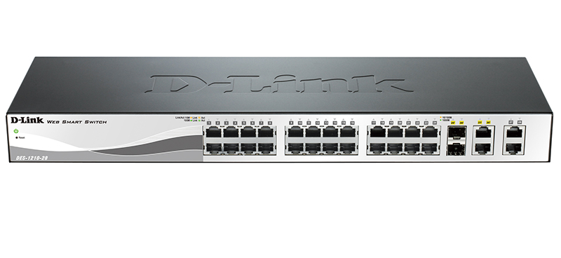 Коммутатор D-Link L2 Smart Switch with 24 10/100Base-TX ports and 2 10/100/1000Base-T ports and 2 100/1000Base-T/SFP combo-ports (4 PoE ports 802.3af/802.3at (30 W), 20 PoE ports 802.3af (15,4 W), PoE Budget 193 W) DES-1210-28P/C2A DES-1210-28P/C2A