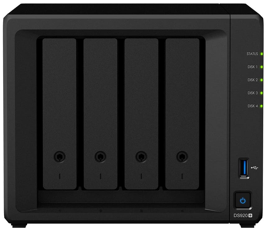 СХД Synology DS920+ Intel Celeron J4125 4C 2GHz,4GB(upto8),4*2.5"/3.5" SATA HDD/SSD(upto9),2*M.2 2280 NVMe,2*USB3.2,2*1GbE,eSATA DS920+ DS920+
