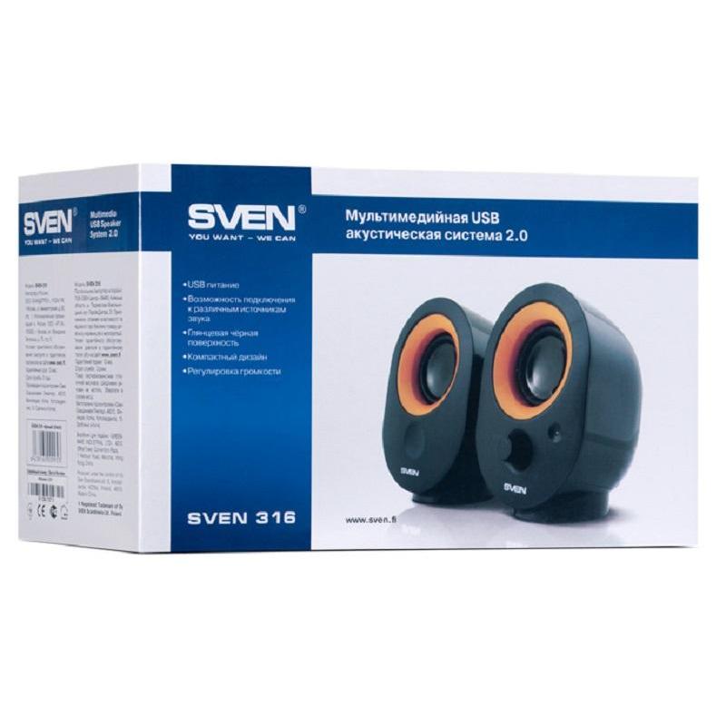 Колонки Sven 316, чёрный, USB, 2.0, мощность 2х2 Вт(RMS) SV-0120316BL SV-0120316BL