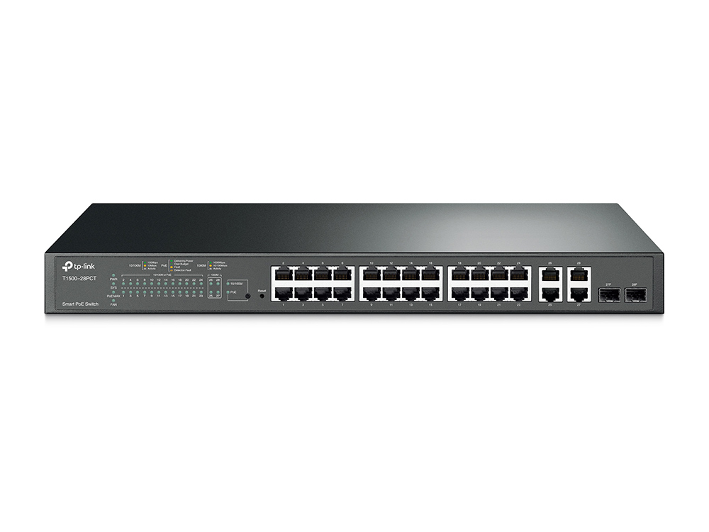 Коммутатор TP-Link Web-smart, 24*10/100, 4*10/100/1000 PoE+, 2 combo SFP, бюджет PoE до 180 Вт, 1U 19" стальной корпус T1500-28PCT T1500-28PCT